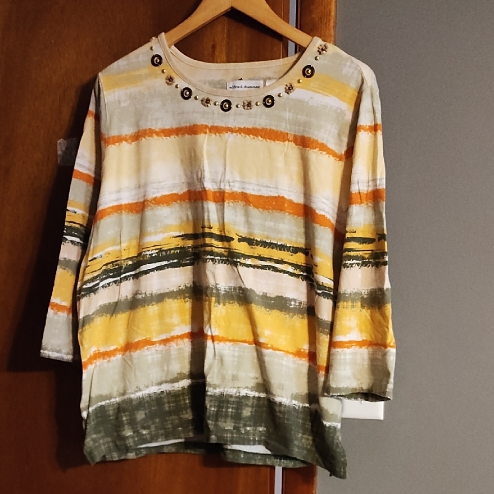 Alfred Dunner Cream and Tan Boxy Embellished Blouse